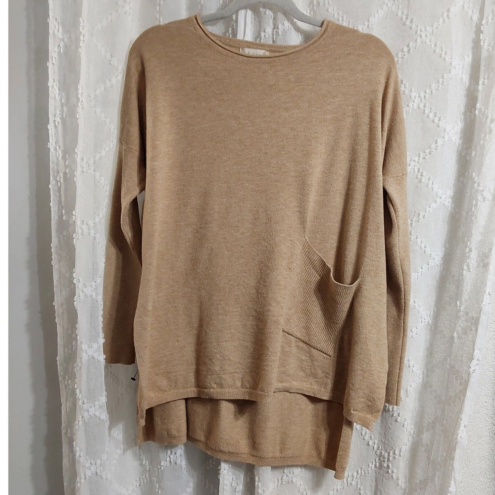 Altard State Womens Camel Tan Knit Tunic Sweater Front Pocket S/M High Low Hem